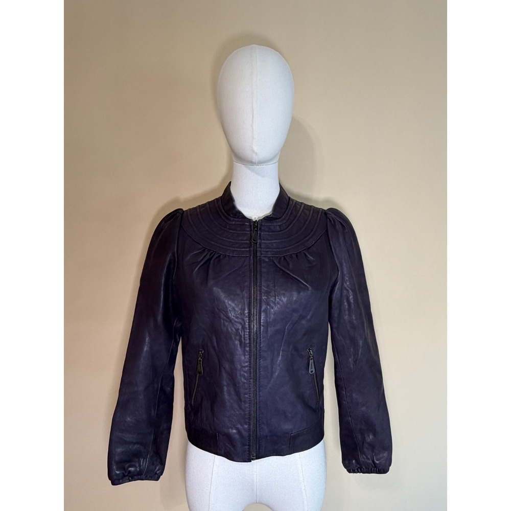 DOMA Purple Pleated Crop Yoke Puff Sleeve Leather Jacket Women Small Excellent